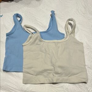 Blue and Cream Sleeveless Fitted Crop Tank Tops